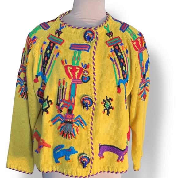 Vintage 90s Michael Simon Henri Bendel Yellow Beaded Abstract Cardigan Large - Picture 1 of 15